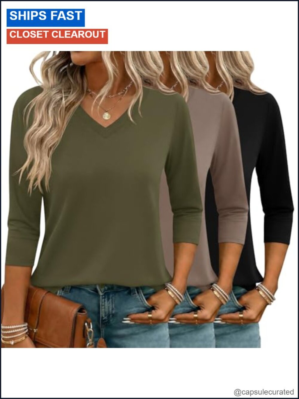 3 Pack 3/4 Sleeve V Neck Tops Women Stretch Business Casual Tees